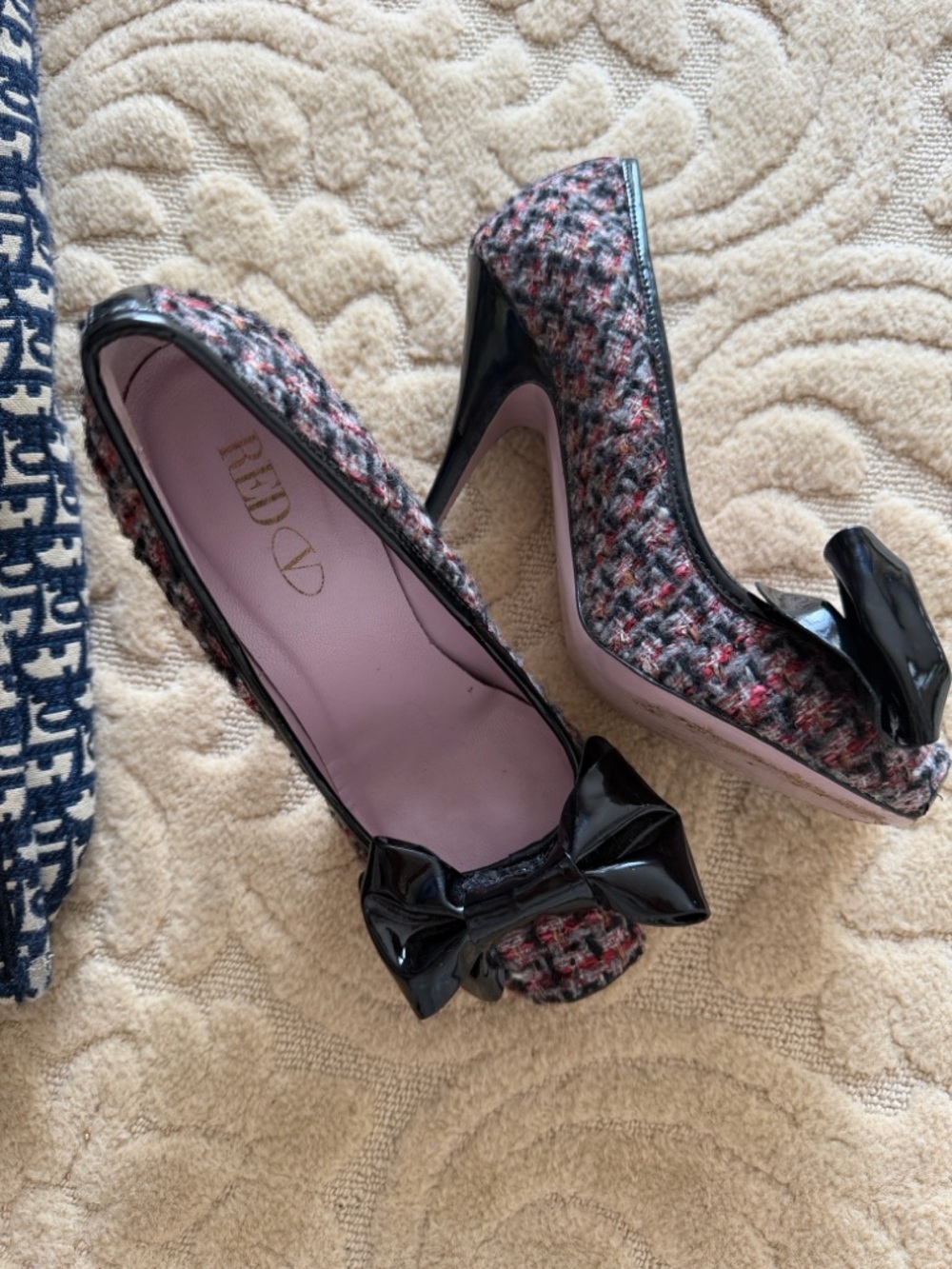 RED Valentino designer Tweed  Pumps with Black Patent Bow.archival fashion!